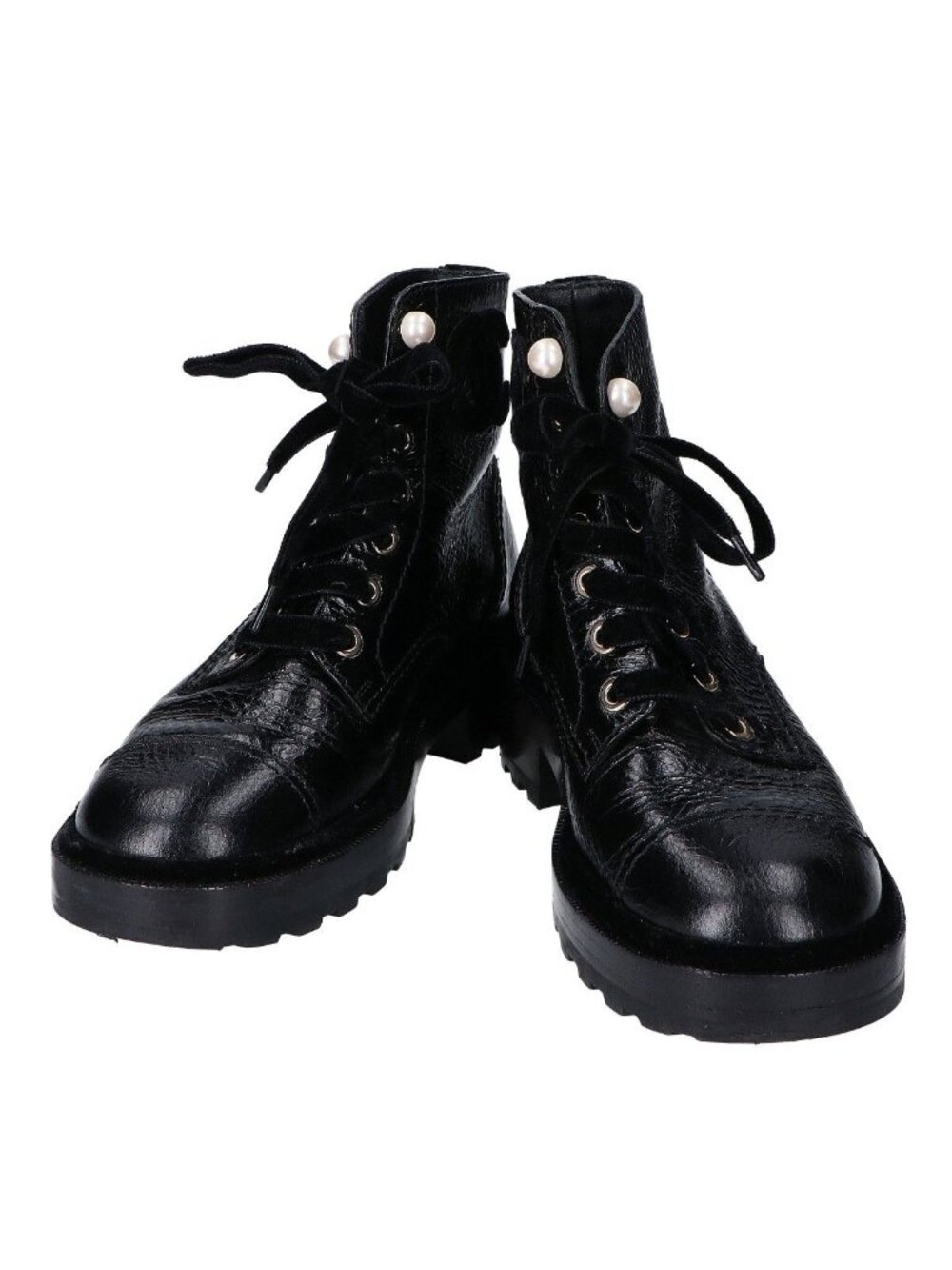 Chanel a Black Leather Velour Faux Pearl Button Boots 36c